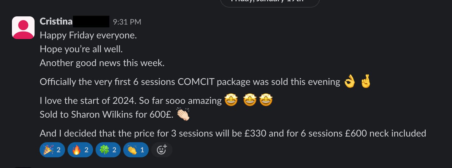 Slack message from Cristina announcing the very first 6-session COMCIT package sold for £600