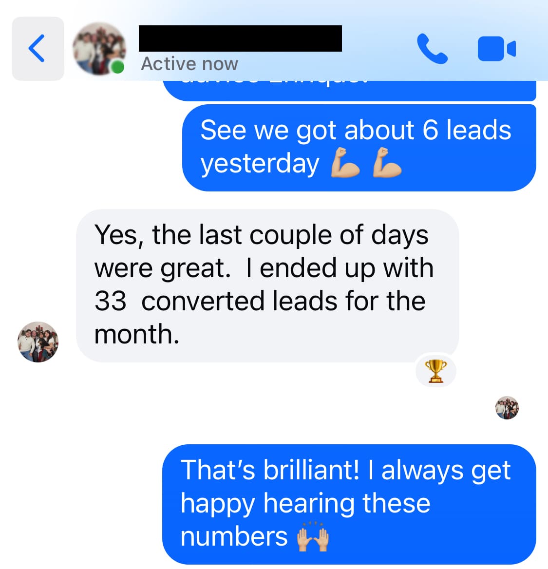 Messenger chat where a client reports about 6 leads yesterday and 33 converted leads for the month